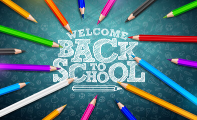 Welcome Back to School Banner Design with Colorful Pencil and Typography Lettering on Hand Drawn Doodles Chalkboard Background. Vector School Education Illustration for Greeting Card, Flyer