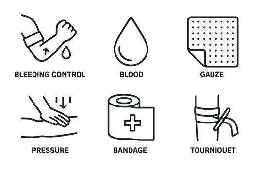 Bleeding control elements: blood, gauze, pressure, bandage, tourniquet