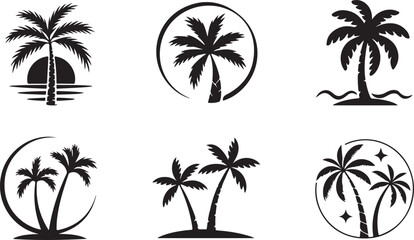 Naklejka premium Black Silhouette Palm Trees Tropical Vacation Icon Set