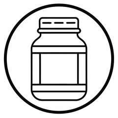 Black and white icon of a medicine bottle with a label pill bottle container