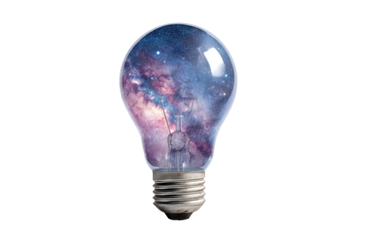 A lightbulb, seemingly glowing with a nebula