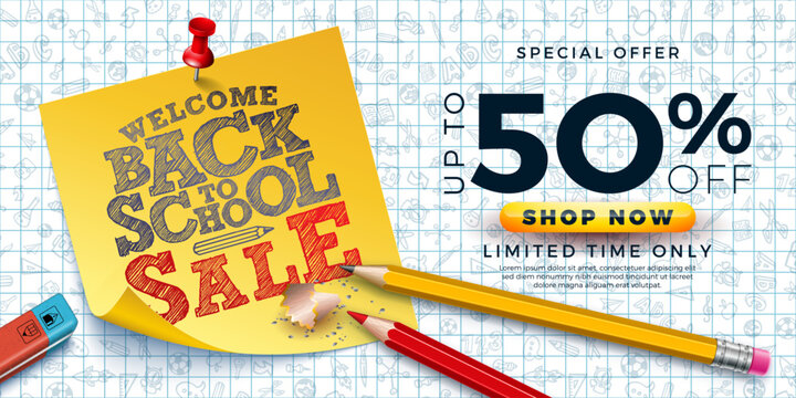 Back to School Sale Banner Design with Graphite Pencil and Sticky Notes on Checkered Notebook Hand Drawn Doodles Background. Vector Business Concept Illustration with Special Offer Text Elements for
