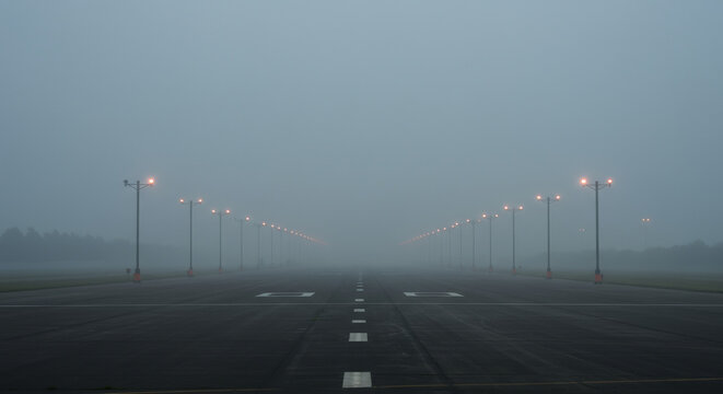 Embark on your journey with this atmospheric runway scene, illuminated by guiding lights disappearing into the mystical morning fog, promising adventure and new beginnings.