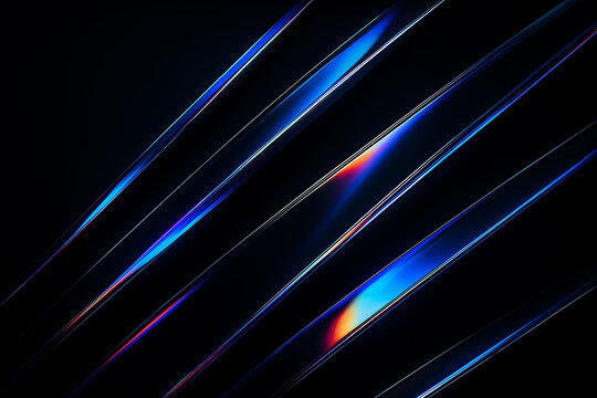 Black background with sharp neon prism streaks in red, blue, violet, pink, and white. Abstract minimalist 3D glass shapes. Light beam reflection, color gradient, metallic glow, iridescent shine