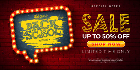 Naklejka premium Back to School Sale Banner Design with Speech Bubble Shape Lightbox Chalkboard and Typography Lettering on Vintage Brick Wall Background. Vector Business Concept Illustration with Special Offer Text