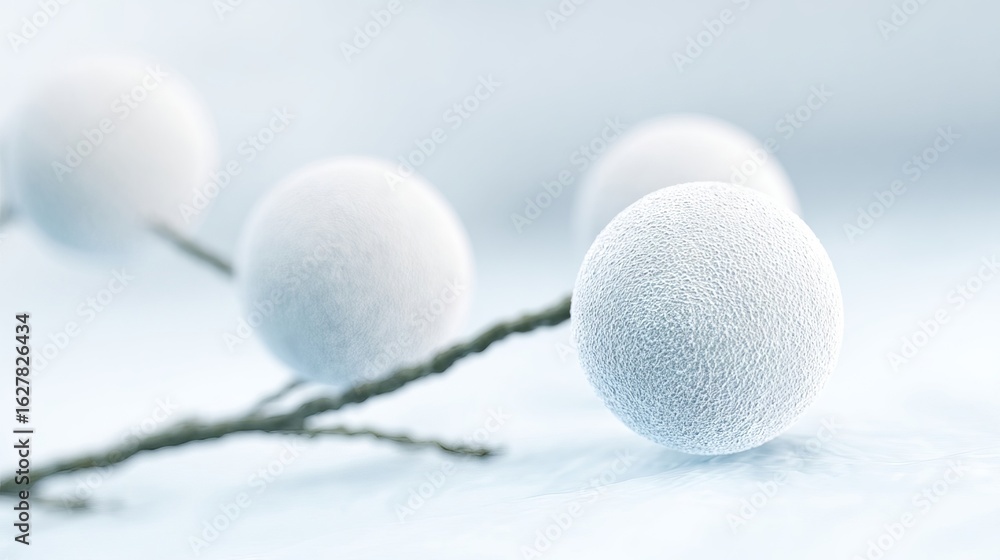 Poster abstract composition featuring white spheres on delicate branches, set against a soft, blurred backg