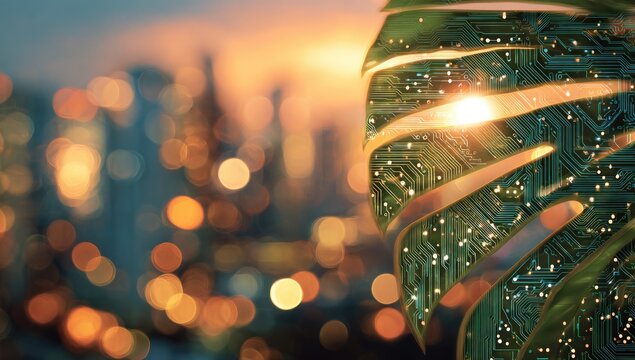 City skyline at sunrise, a tropical leaf with circuit board veins overlays the scene