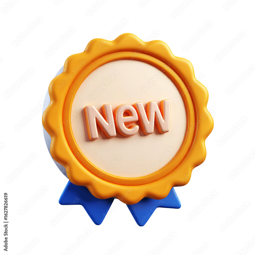 Poster a 3d rendering of a badge with the word new in the center and blue ribbons at the bottom edge on tra