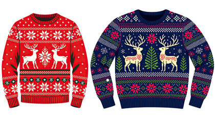 A blue and a red Norwegian sweater, set, transparent background