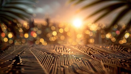 Golden circuit board at sunset over a city.  Blurred city lights and palm leaves frame a close-up of intricate golden circuit paths