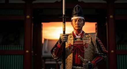 Obraz premium Imperial Guard Standing Watch at the Palace Gate Under Crimson Sunset