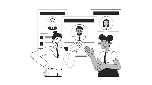 HR managers discussing resumes hand drawn whiteboard sketch animation. Corporate careers. Hiring conversation with CVs candidate profiles animated handdrawn concept pencil drawing 4K video