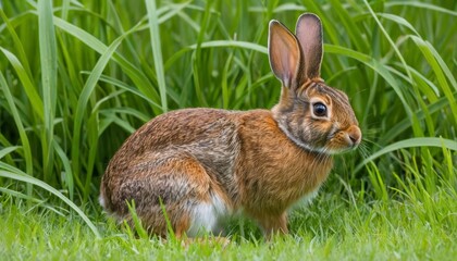 Fototapeta premium Brown Bunny in Grass. Cute brown rabbit sitting alert in lush green grass, ideal for nature, animal care, or outdoor activity themes.