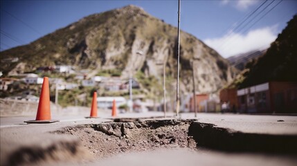 Road damage with a deep crack surrounded by orange traffic cones, set against a mountainous backdrop, highlighting infrastructure issues and safety concerns in urban environments