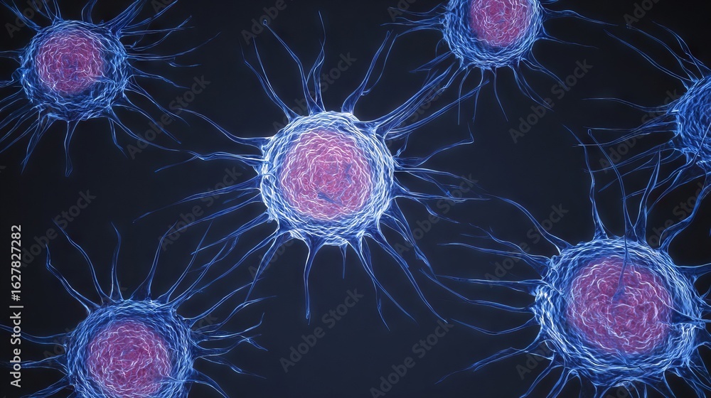 Aufkleber microscopic view of vibrant cells with intricate structures and glowing filaments, showcasing biolog