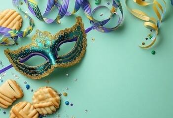 Carnival mask, cookies, and streamers on mint green background