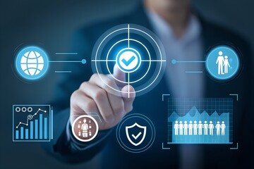 Businessman touching futuristic digital interface with security and data icons