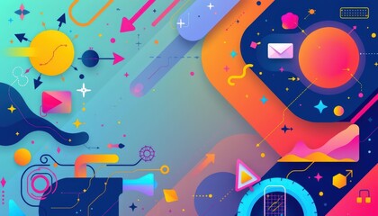 Fun and quirky abstract background template using overlapping elements including arrows, wavy lines