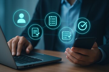 Business professional interacting with digital workflow and task management icons on screen