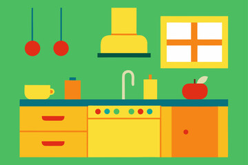 Flat design kitchen scene with colorful appliances and decor