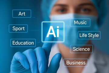 Doctor interacting with artificial intelligence interface showing various applications