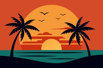 Tropical sunset silhouette with palm trees and ocean waves