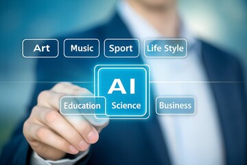 Person interacting with holographic ai interface displaying various categories