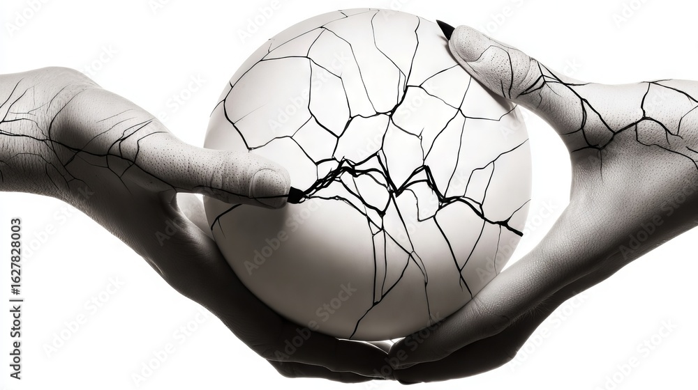 Poster two hands with cracked skin gently hold a fragile sphere, symbolizing vulnerability and fragility, s