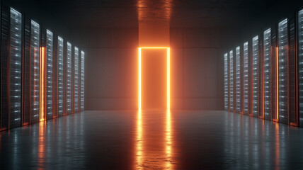 Futuristic server room with glowing firewall, illuminated doorway, data center, technology, modern, secure, dramatic lighting