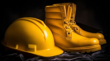 Yellow safety boots and hard hat positioned on dark fabric, showcasing essential protective gear for construction workers, emphasizing safety and durability in the workplace