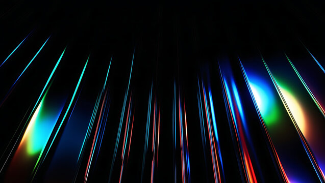 Black dark rainbow blue red yellow striped abstract background. 3D render prism surface. Color reflections and light streaks. Neon shine gradient. striped surface. Futuristic digital backdrop.