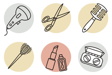 Set of six handdrawn beauty and hair care icons in circles