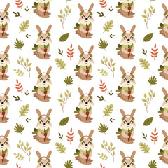 Woodland seamless pattern with cute rabbit and fall leaves. Hand drawn vector autumn illustration.