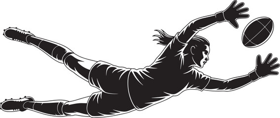 Female Goalkeeper Diving to Catch a Rugby Ball Silhouette catching