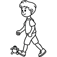 Boy walking with toy teddy bear casual