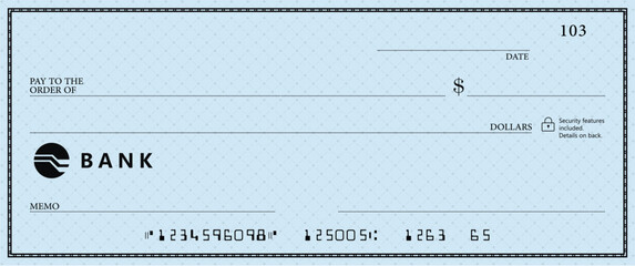 Blue Bank check, vector blank money cheque, checkbook template with guilloche pattern and fields. Currency payment coupon, money check background	