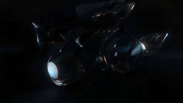 Abstract 3D black background render with dark glass structures. Iridescent crystal spheres and shapes floating in deep black space. Futuristic minimalist design. Metallic glow. Sci-fi surreal concept