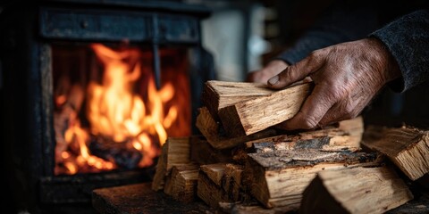 Hands placing firewood in a wood-burning stove