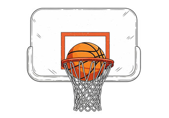 Basketball going through the hoop and net, making a score. Hand-drawn vector illustration of a sports goal concept isolated on a white background. © Purnomo
