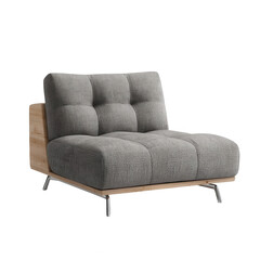 Obraz premium Grey fabric armchair with light wood side panel and metal legs; tufted backrest and seat cushions