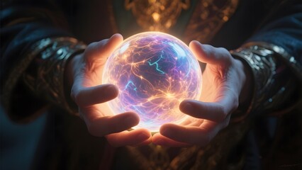 Hands cradling a glowing, energy-filled orb with vibrant colors and intricate patterns.