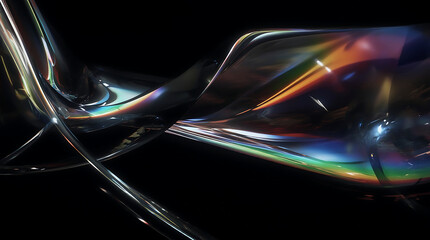Abstract 3D render with flowing iridescent glass ribbons. Rainbow prism reflections and soft blur over black background. Minimalist futuristic design. Light refraction and color waves.