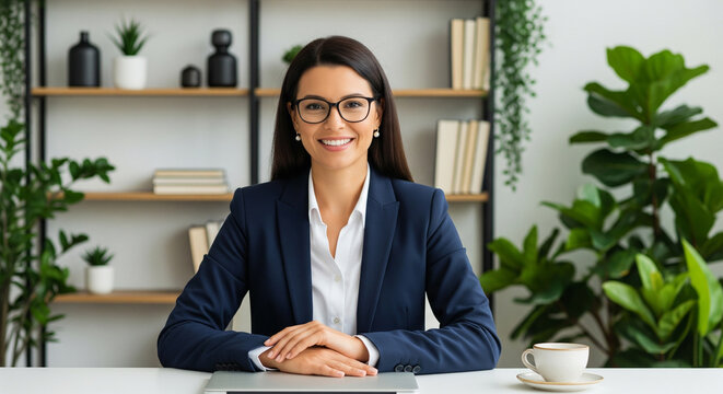 Smiling businesswoman with galsses working on laptop at her desk, ready for business meeting 