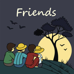 Vector art of friends watching the moon together under a tree in a peaceful night scene illustration