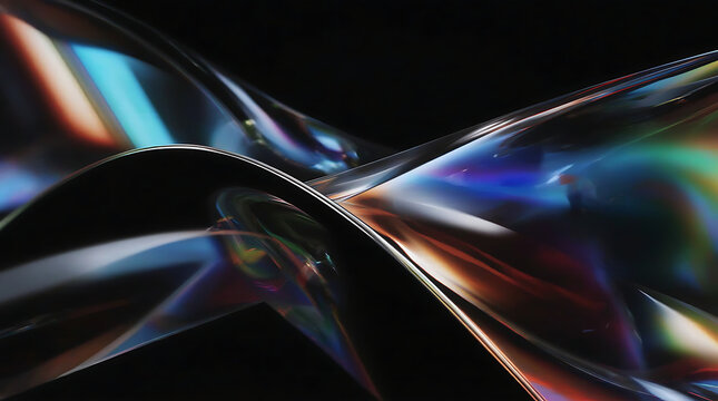 Abstract 3D render with flowing iridescent glass ribbons. Rainbow prism reflections and soft blur over black background. Minimalist futuristic design. Light refraction and color waves.