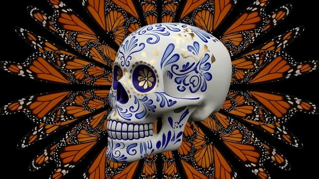 Day of the Dead skull spins, revealing intricate blue floral designs, surrounded by monarch butterflies. Ideal for Dia de los Muertos celebrations, cultural events and art projects.