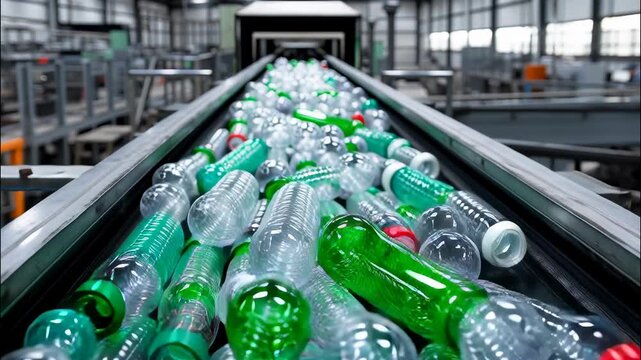 Plastic bottles are moving on a conveyor belt in a recycling plant, demonstrating the process of sorting and recycling plastic waste video 4k