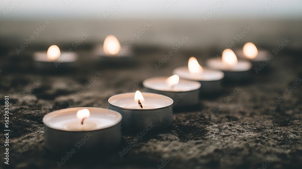 Poster row of lit tealight candles arranged on a textured surface, creating a warm and inviting atmosphere,