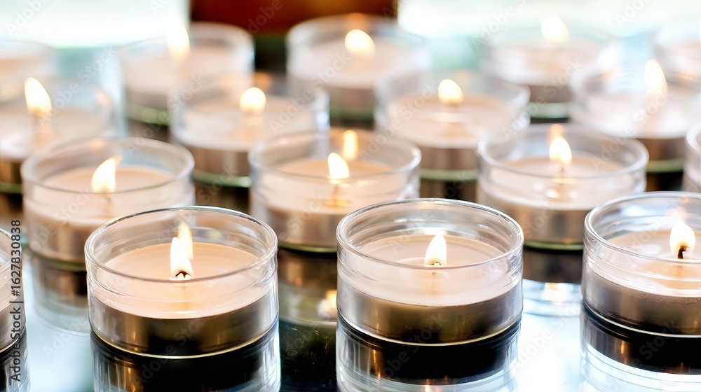 Poster group of small glass candles with flickering flames arranged on a reflective surface, creating a war