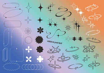 Retrofuturistic y2k geometry design elements collection, collection of abstract graphic geometric symbols and objects, Templates for notes, posters, banners, stickers, business cards, logo.